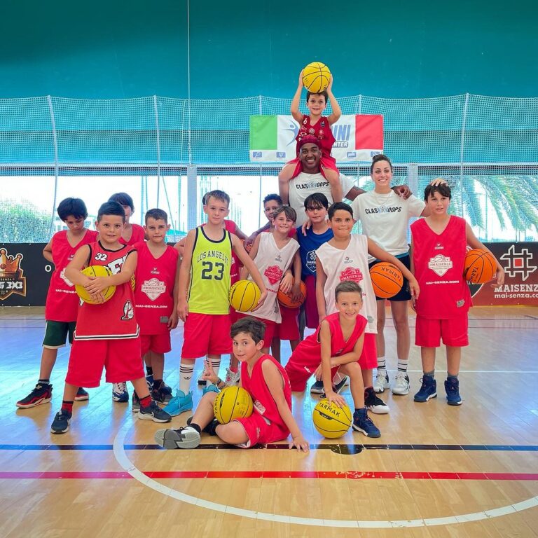 Gruppo di bambini in canotta con i palloni da basket in palestra